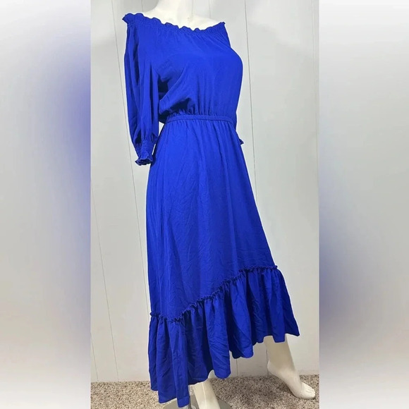 NWT DONNA MORGAN Royal Blue Smocked Waist Off Shoulder Peasant Dress Sz 4 - Picture 3 of 9